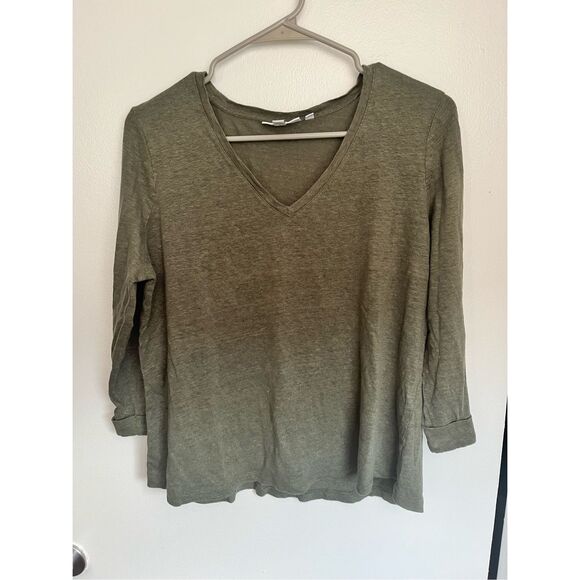 Chico's Large Size 2 Half Sleeve Linen Green Blouse Roll Tab Sleeve Natural NEW - Picture 1 of 4